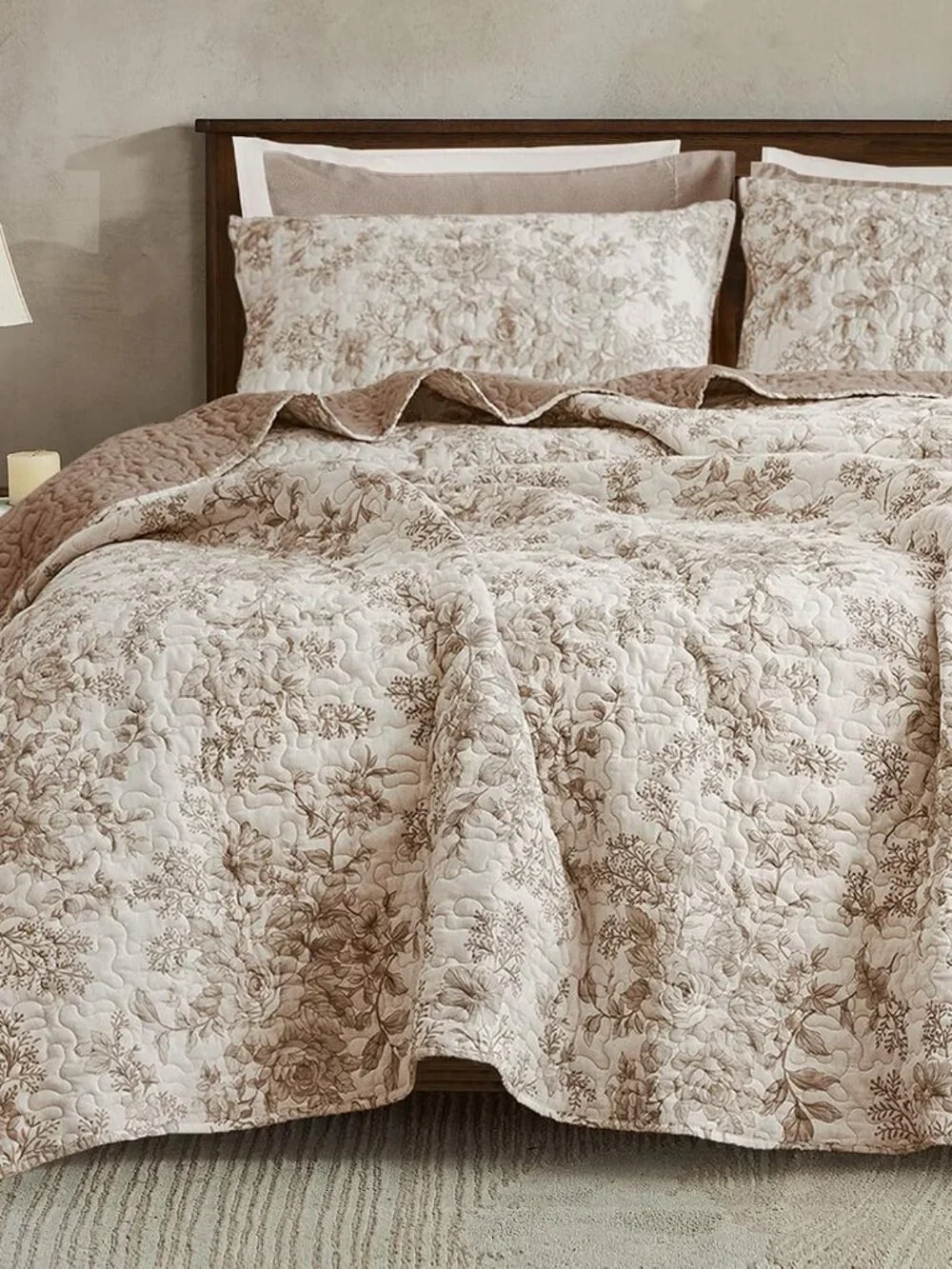 Taupe Floral Quilt King Size, 3-Piece Breathable Cotton Face Bedding Set, Neutra_7